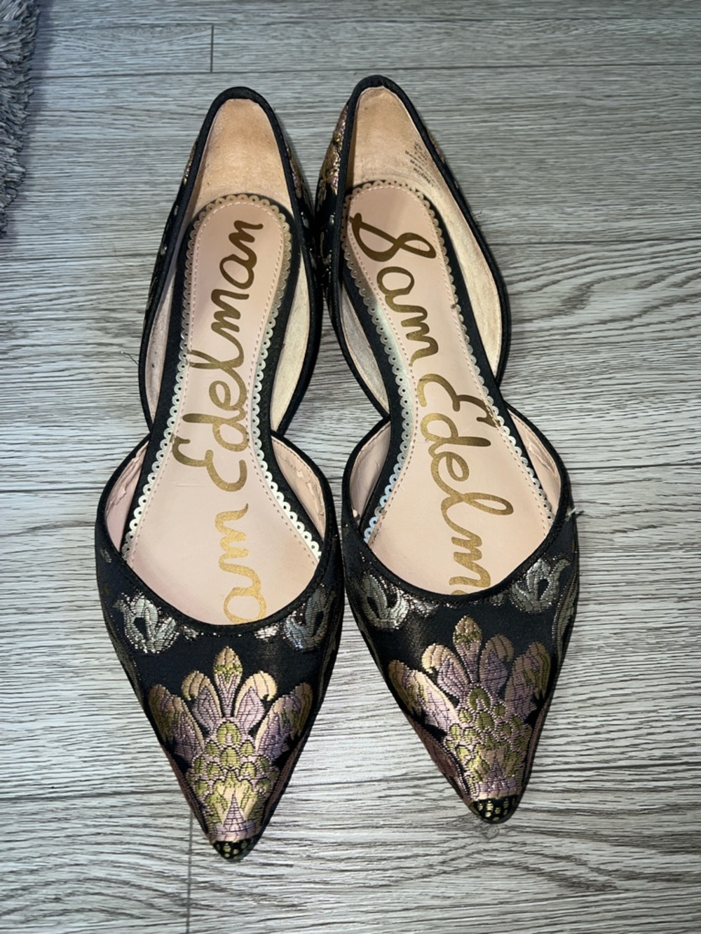 Sam Edelman Black Pointed D'Orsay Flats with Pink and Gold Floral Embroidery - Picture 2 of 12